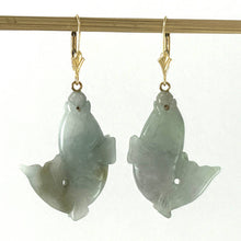 Load image into Gallery viewer, 14K Yellow Gold “Good Fortune” Pale Green Carp Jade Earrings