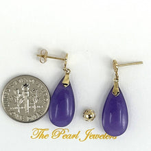 Load image into Gallery viewer, 14K Yellow Gold Blessing Dangle Flat Raindrop Lavender Jade Earrings