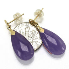 Load image into Gallery viewer, 14K Yellow Gold Blessing Dangle Flat Raindrop Lavender Jade Earrings