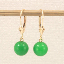 Load image into Gallery viewer, 14K Yellow Gold Leverback Round Green Jade Drop Earrings