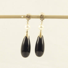 Load image into Gallery viewer, 14K Yellow Gold Oriental Black Onyx & Pearl Dangle Earrings