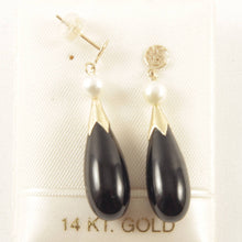Load image into Gallery viewer, 14K Yellow Gold Oriental Black Onyx & Pearl Dangle Earrings