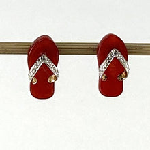 Load image into Gallery viewer, 14K Yellow Gold Diamond Flip-Flop Slipper Red Jade Stud Earrings