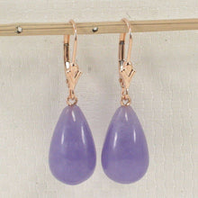 Load image into Gallery viewer, 14K Rose Gold Leverback Raindrop Purple Jade Earrings