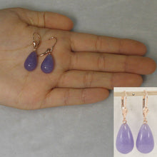 Load image into Gallery viewer, 14K Rose Gold Leverback Raindrop Purple Jade Earrings