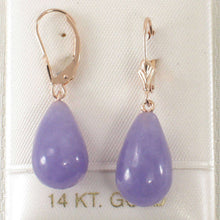 Load image into Gallery viewer, 14K Rose Gold Leverback Raindrop Purple Jade Earrings