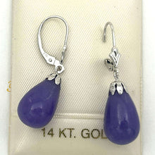 Load image into Gallery viewer, 14K White Gold Leverback Purple Jade Dangle Earrings