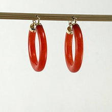 Load image into Gallery viewer, 14K Yellow Gold Red Jade Tube Hoop Earrings