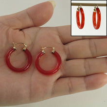Load image into Gallery viewer, 14K Yellow Gold Red Jade Tube Hoop Earrings