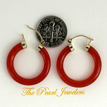 Load image into Gallery viewer, 14K Yellow Gold Red Jade Tube Hoop Earrings