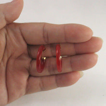 Load image into Gallery viewer, 14K Yellow Gold Red Jade Tube Hoop Earrings