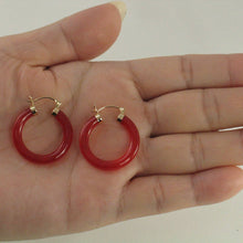 Load image into Gallery viewer, 14K Yellow Gold Red Jade Tube Hoop Earrings