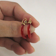 Load image into Gallery viewer, 14K Yellow Gold Red Jade Tube Hoop Earrings