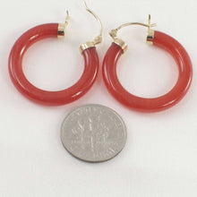 Load image into Gallery viewer, 14K Yellow Gold Red Jade Tube Hoop Earrings
