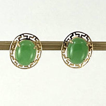 Load image into Gallery viewer, 14K Yellow Gold Chinese Pattern Oval Green Jade Earrings