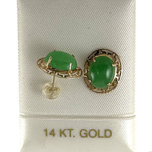 Load image into Gallery viewer, 14K Yellow Gold Chinese Pattern Oval Green Jade Earrings