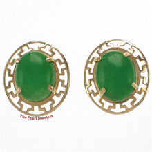 Load image into Gallery viewer, 14K Yellow Gold Chinese Pattern Oval Green Jade Earrings