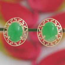 Load image into Gallery viewer, 14K Yellow Gold Chinese Pattern Oval Green Jade Earrings