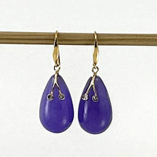 Load image into Gallery viewer, 14K Yellow Gold Sparkling Diamond Raindrop Purple Jade Dangle Hook Earrings