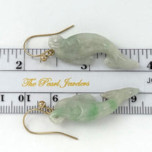 Load image into Gallery viewer, 14Kt Yellow Gold Fishhook "Good Fortune” Dolphin Jadeite Dangle Earrings