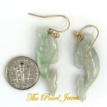 Load image into Gallery viewer, 14Kt Yellow Gold Fishhook "Good Fortune” Dolphin Jadeite Dangle Earrings
