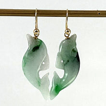 Load image into Gallery viewer, 14K Yellow Gold Fishhook "Good Fortune” Dolphin Jadeite Dangle Earrings