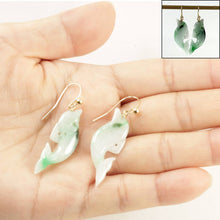 Load image into Gallery viewer, 14K Yellow Gold Fishhook "Good Fortune” Dolphin Jadeite Dangle Earrings