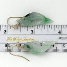 Load image into Gallery viewer, 14K Yellow Gold Fishhook "Good Fortune” Dolphin Jadeite Dangle Earrings