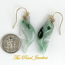 Load image into Gallery viewer, 14K Yellow Gold Fishhook "Good Fortune” Dolphin Jadeite Dangle Earrings