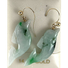 Load image into Gallery viewer, 14K Yellow Gold Fishhook "Good Fortune” Dolphin Jadeite Dangle Earrings