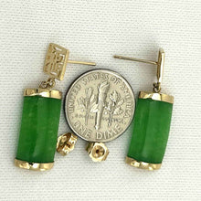 Load image into Gallery viewer, 14K Yellow Gold "Good Fortune" Dangle Green Jade Oriental Earrings