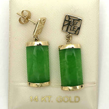 Load image into Gallery viewer, 14K Yellow Gold "Good Fortune" Dangle Green Jade Oriental Earrings