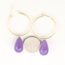 Load image into Gallery viewer, 14K Yellow Gold Hoop Lavender Jade Dangle Earrings