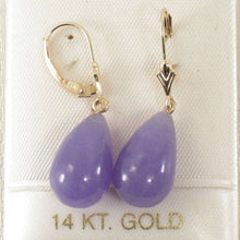 Load image into Gallery viewer, 14K Yellow Gold Leverback Raindrop Lavender Jade Earrings