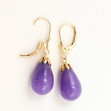 Load image into Gallery viewer, 14K Yellow Gold Leverback Lavender Jade Dangle Earrings