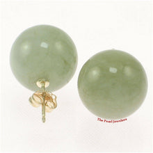 Load image into Gallery viewer, 14K Yellow Gold 12mm Nature Celadon Green Jadeite Stud Earrings