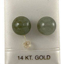 Load image into Gallery viewer, 14K Yellow Gold 12mm Nature Celadon Green Jadeite Stud Earrings