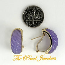Load image into Gallery viewer, 14K Yellow Gold Omega Clip Hand-Carved Lavender Jade Earrings