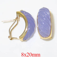 Load image into Gallery viewer, 14K Yellow Gold Omega Clip Hand-Carved Lavender Jade Earrings