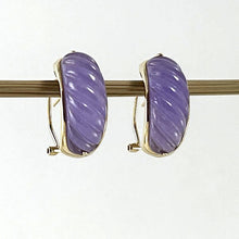 Load image into Gallery viewer, 14K Yellow Gold Omega Clip Hand-Carved Lavender Jade Earrings