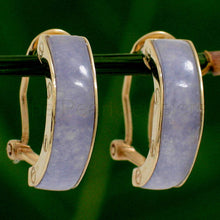 Load image into Gallery viewer, 14K Yellow Gold Omega Clip Bend Tablet Lavender Jade Hoop Earrings