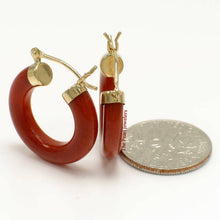 Load image into Gallery viewer, 14K Yellow Gold Tube Ring Red Jade Hook Earrings