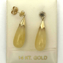 Load image into Gallery viewer, 14k Yellow Gold Good Fortune Dangle Raindrop Yellow Jade Stud Earrings