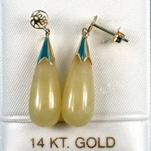 Load image into Gallery viewer, 14k Yellow Gold Good Fortune Dangle Raindrop Yellow Jade Stud Earrings