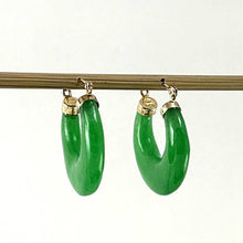 Load image into Gallery viewer, 14K Yellow Gold Moon Shape Green Jade Hoop Earrings