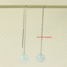 Load image into Gallery viewer, 14K White Gold Threader Chain Bean Green Jade Bead Dangle Earrings