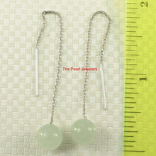 Load image into Gallery viewer, 14K White Gold Threader Chain Bean Green Jade Bead Dangle Earrings