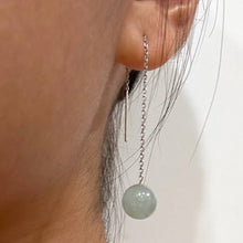 Load image into Gallery viewer, 14K White Gold Threader Chain Bean Green Jade Bead Dangle Earrings