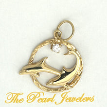 Load image into Gallery viewer, 14k Yellow Gold Double Dolphins Circle Cubic Zirconia Pendant