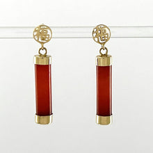 Load image into Gallery viewer, 14K Solid Yellow Gold Blessedness Dangle Tube-Shaped Red Jade Post Earrings